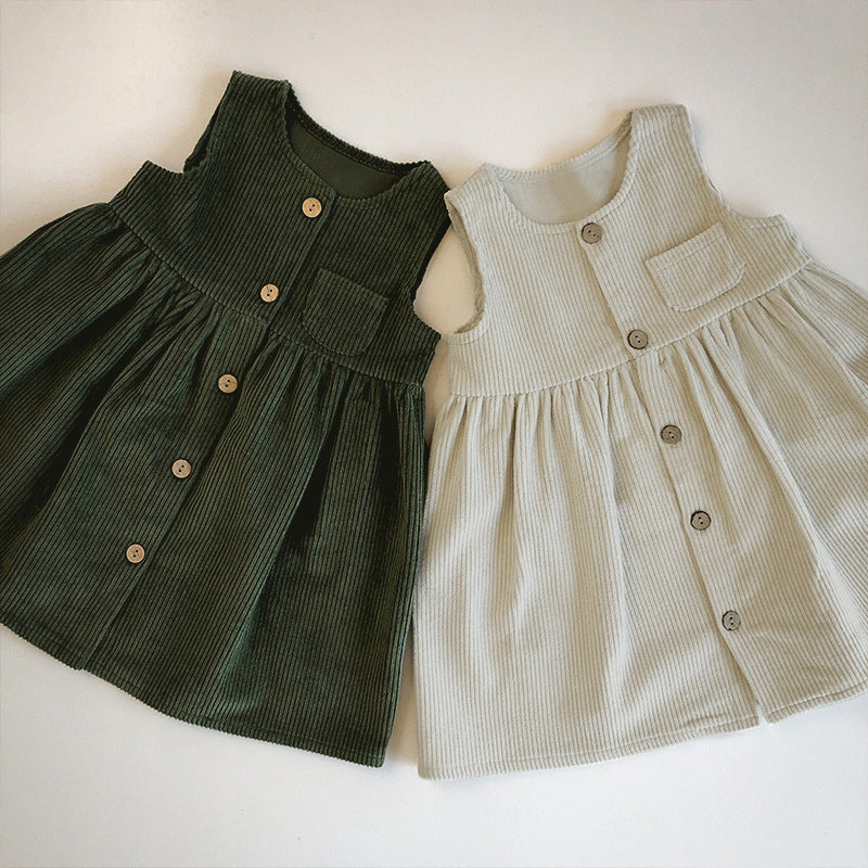 Children Skirt Spring And Autumn New Arrival Female Baby Korean Style Solid Color Casual Dress Sleeveless Vestigational Dress Corduroy Warm Dress