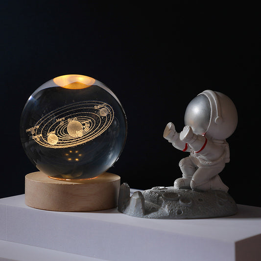 3D Laser Engraving Luminous Crystal Ball Glass Ornament Solar System Moon Luminous Wood Base