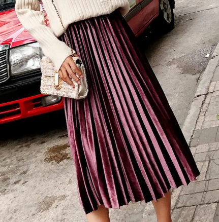 Velvet Pleated Skirt - Women's Clothing