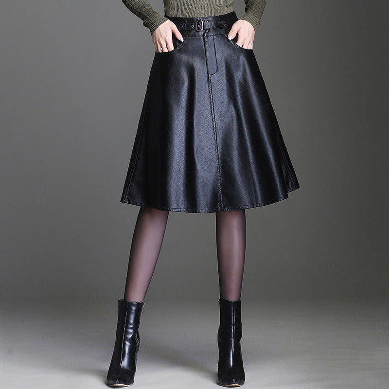 Fashion Half-length Leather Skirt Women  Autumn And Winter New PU Leather Skirt Umbrella Skirt High Waist Korean Version A-line Mid-length Skirt