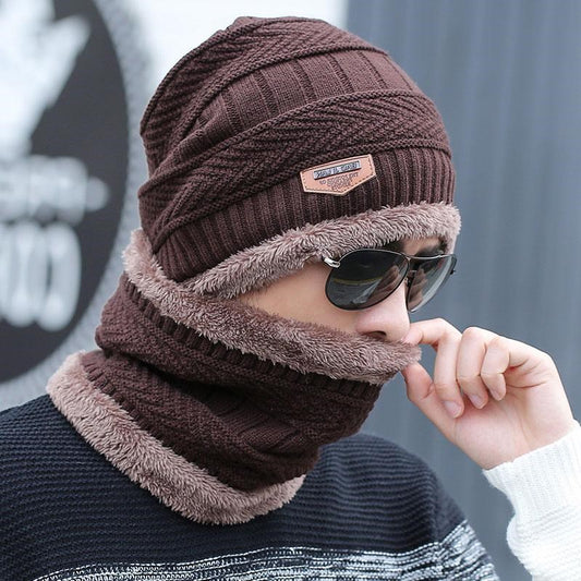 [Hat + Scarf] Korean Style Autumn And Winter Velvet Thickened Warm Knitted Woolen Hat Men's Outdoor Pullover Hat