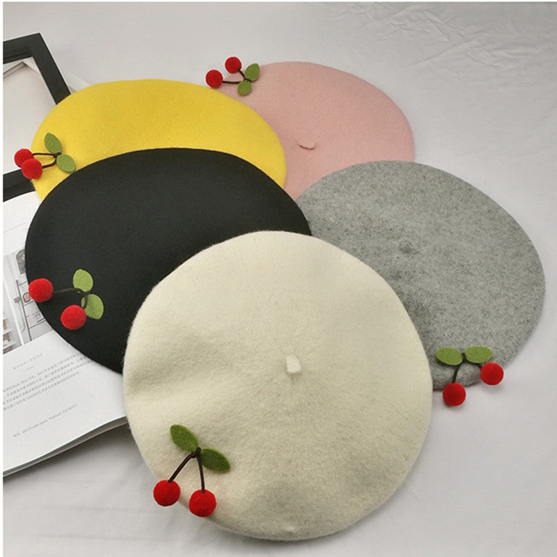 Hat Female Autumn And Winter Japanese Series Mori Female Handmade Cherry Woolen Beret Soft Sister Sweet Temperament Parent-child Painter Hat