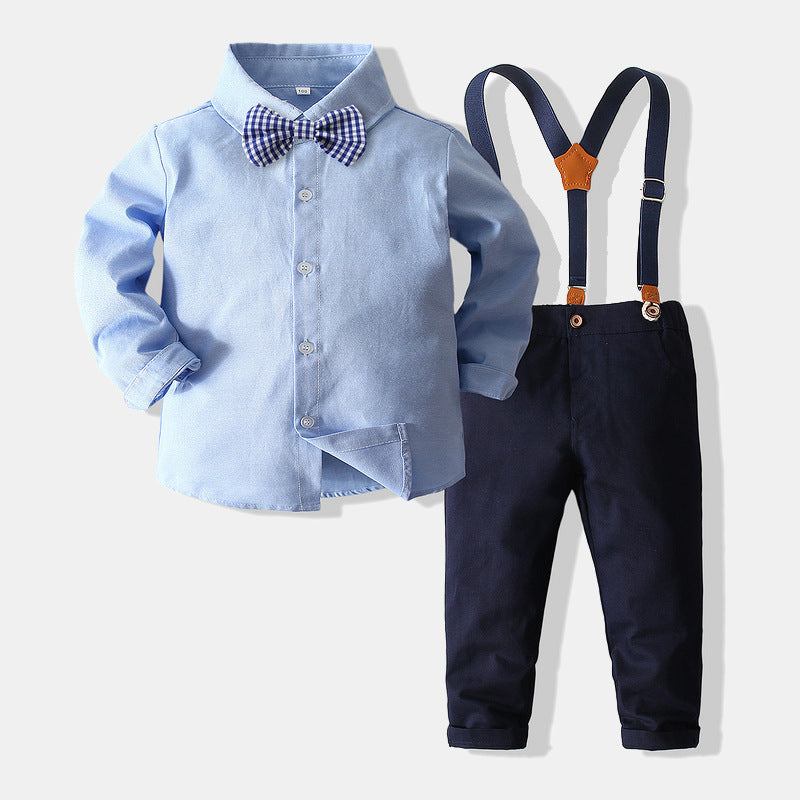 Boys Autumn British Style Suit Baby Gentleman Long-sleeved Cotton Shirt Overalls First Birthday Dress Children's Clothing