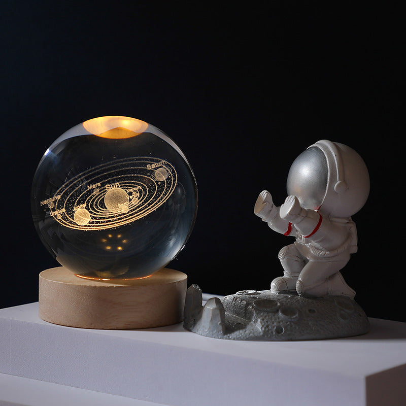 3D Laser Engraving Luminous Crystal Ball Glass Ornament Solar System Moon Luminous Wood Base