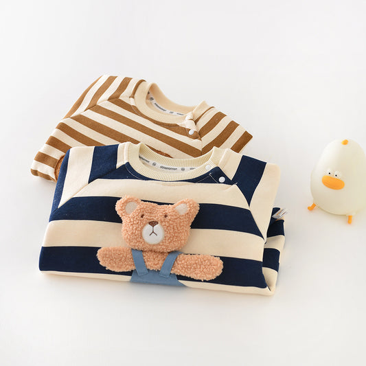 A Bao Nannan Autumn And Winter Korean Infant Striped Bag Fart Clothes Ins Baby Fleece Thickened Bear Doll Climbing Suit