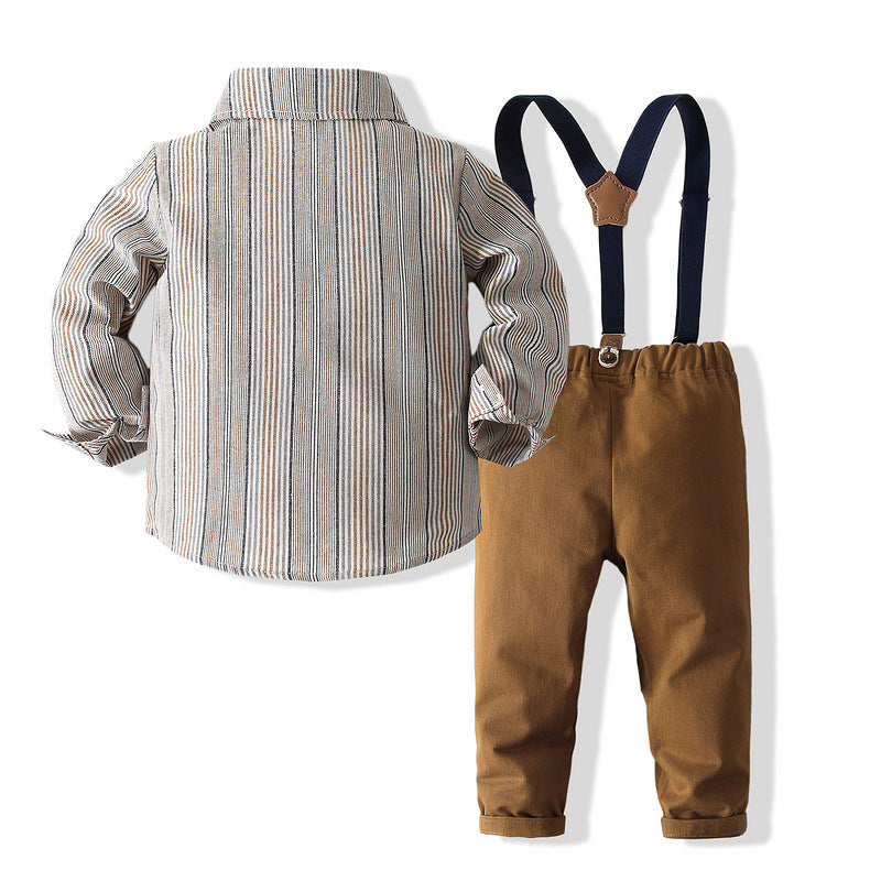 Boys Gentleman Striped Dress Suit Autumn New Children's Japanese Style Long-sleeved Shirt Overalls Four-piece Set