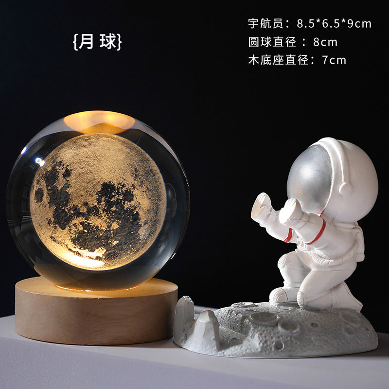 3D Laser Engraving Luminous Crystal Ball Glass Ornament Solar System Moon Luminous Wood Base