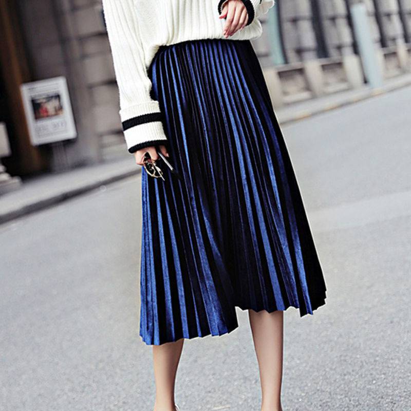 Velvet Pleated Skirt Female Students 2021 Spring And Autumn New Korean Version Of The High Waist Skirt Mid-length Thin Long Skirt Women's Tide