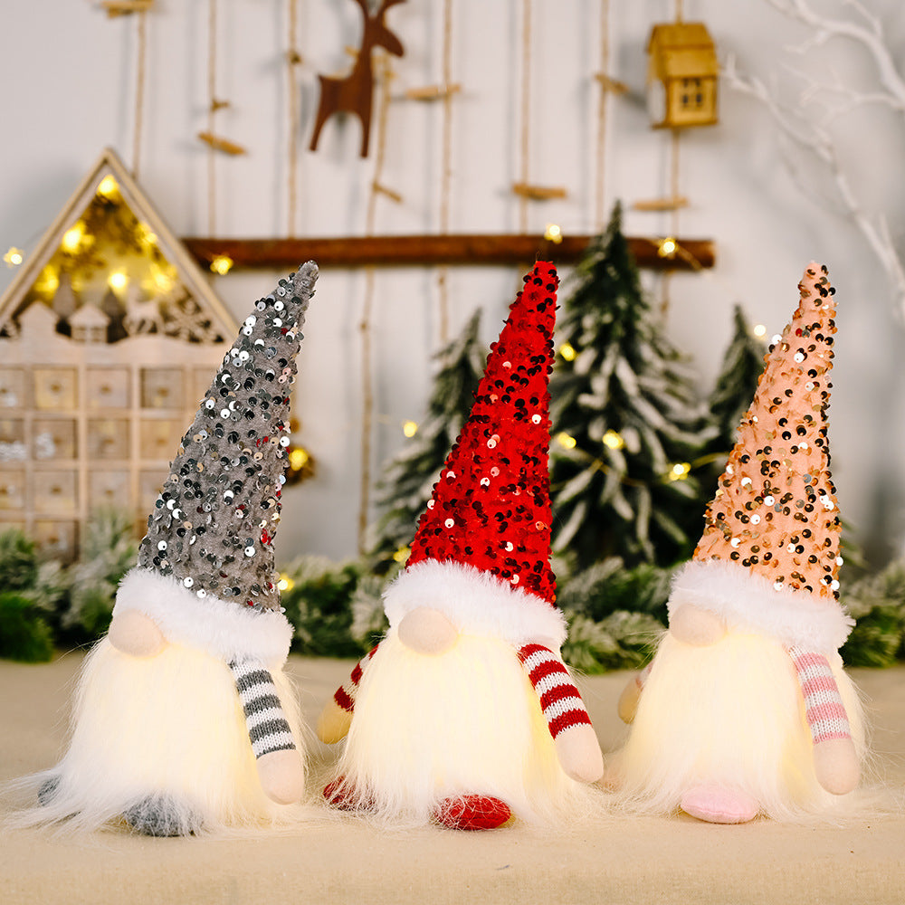 Cross-border New Christmas Sequins With Lights Rudolph Doll Christmas Luminous Faceless Doll Forest Old Man Ornaments