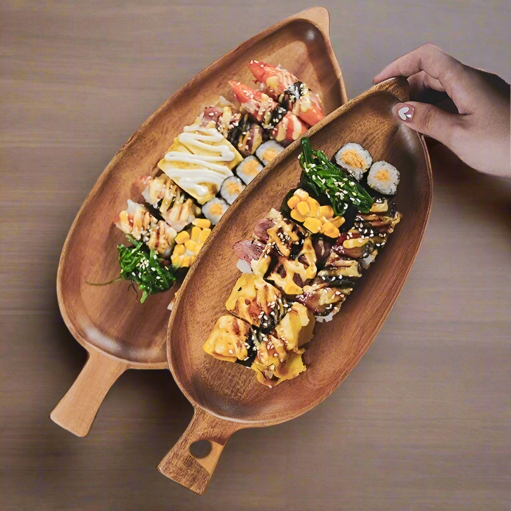 Japanese Style Wooden Leaf Shaped Tray Afternoon Tea Sushi Snack Serving Plate Vintage Wood Tea Tray Leaf Pattern Dishware