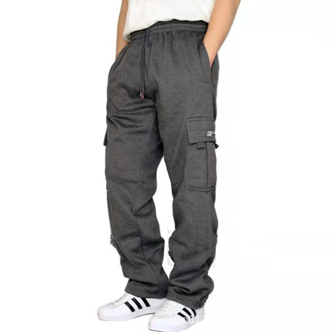 Cross-border New Sports And Leisure Trousers Plus Velvet Leg Multi-pocket Tethered Men's Loose Overalls Trousers