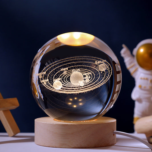 3D Laser Engraving Luminous Crystal Ball Glass Ornament Solar System Moon Luminous Wood Base