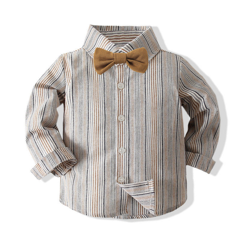 Boys Gentleman Striped Dress Suit Autumn New Children's Japanese Style Long-sleeved Shirt Overalls Four-piece Set