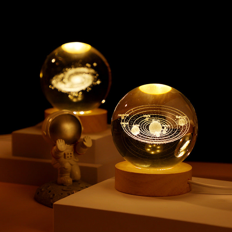 3D Laser Engraving Luminous Crystal Ball Glass Ornament Solar System Moon Luminous Wood Base