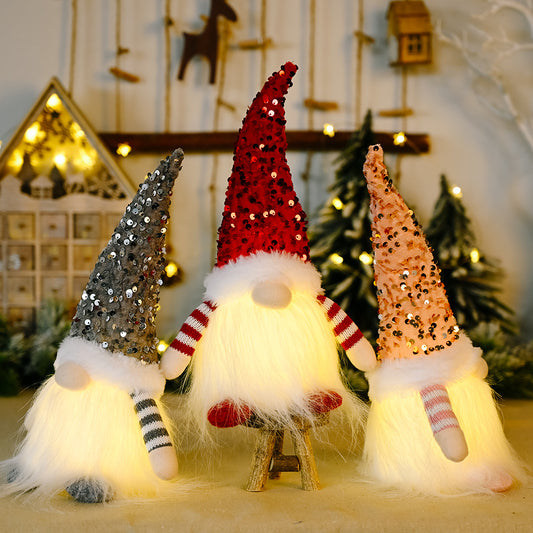 Cross-border New Christmas Sequins With Lights Rudolph Doll Christmas Luminous Faceless Doll Forest Old Man Ornaments