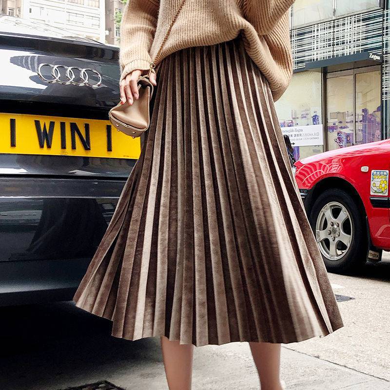 Velvet Pleated Skirt Female Students 2021 Spring And Autumn New Korean Version Of The High Waist Skirt Mid-length Thin Long Skirt Women's Tide