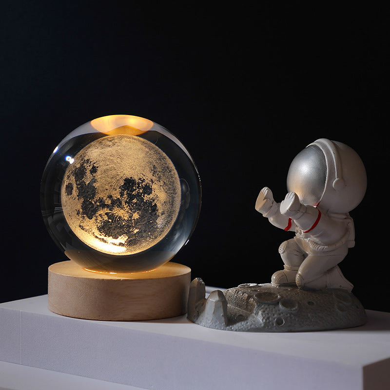 3D Laser Engraving Luminous Crystal Ball Glass Ornament Solar System Moon Luminous Wood Base