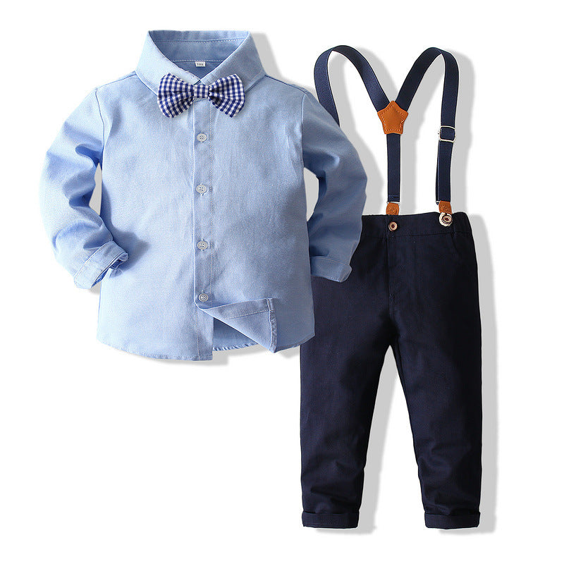 Boys Autumn British Style Suit Baby Gentleman Long-sleeved Cotton Shirt Overalls First Birthday Dress Children's Clothing