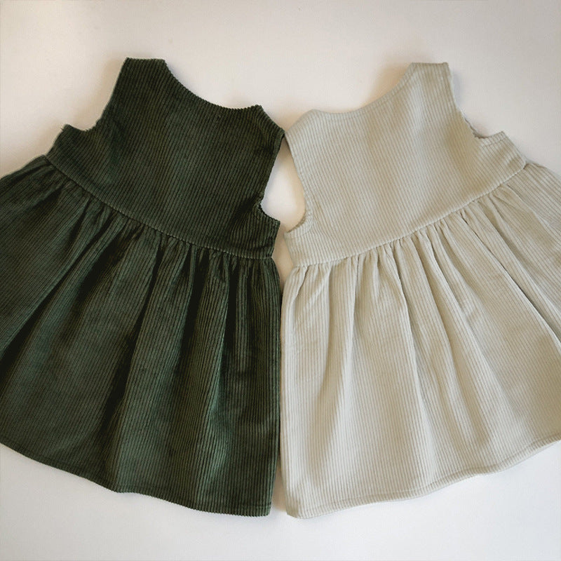 Children's Skirt Spring And Autumn New Arrival Female Baby Korean Style Solid Color Casual Dress Sleeveless Vestigational Dress Corduroy Warm Dress