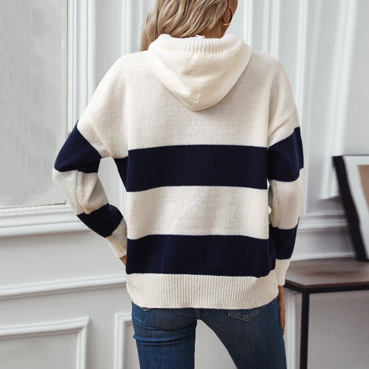 European And American Cross-border Hooded Color Pullover Sweater Top Women's Autumn And Winter Loose Casual All-match Women's Sweater Top