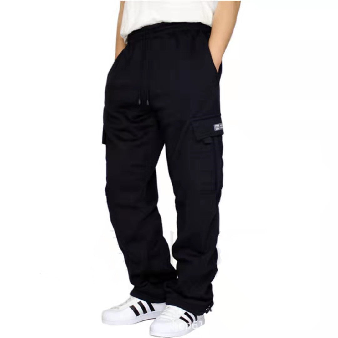 Cross-border New Sports And Leisure Trousers Plus Velvet Leg Multi-pocket Tethered Men's Loose Overalls Trousers