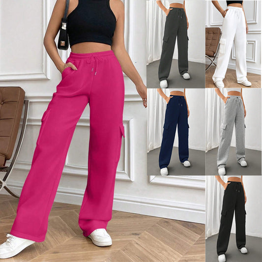 Women's New Fashion Side Purse Joker Solid Color Straight Wide Leg Pants