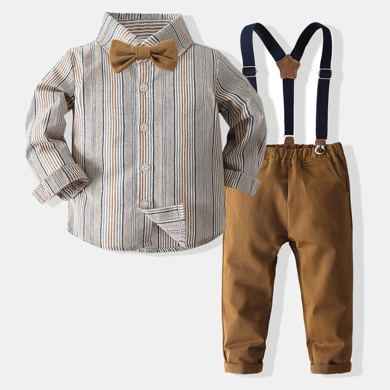 Boys Gentleman Striped Dress Suit Autumn New Children's Japanese Style Long-sleeved Shirt Overalls Four-piece Set