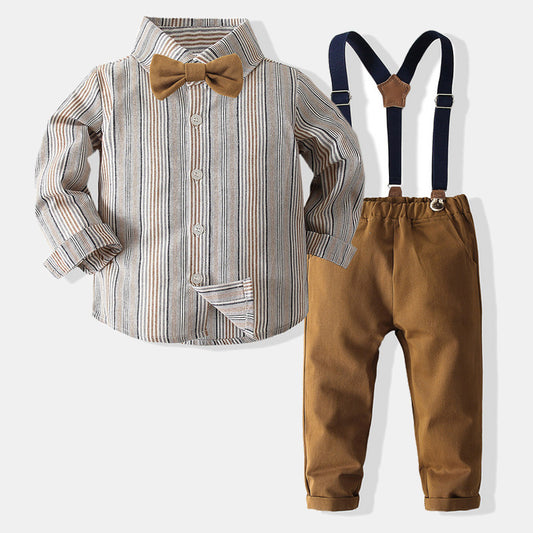 Boys Gentleman Striped Dress Suit Autumn New Children's Japanese Style Long-sleeved Shirt Overalls Four-piece Set