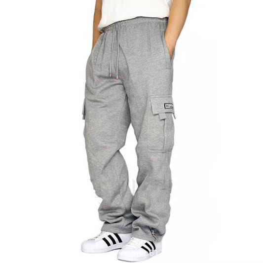 Cross-border New Sports And Leisure Trousers Plus Velvet Leg Multi-pocket Tethered Men's Loose Overalls Trousers