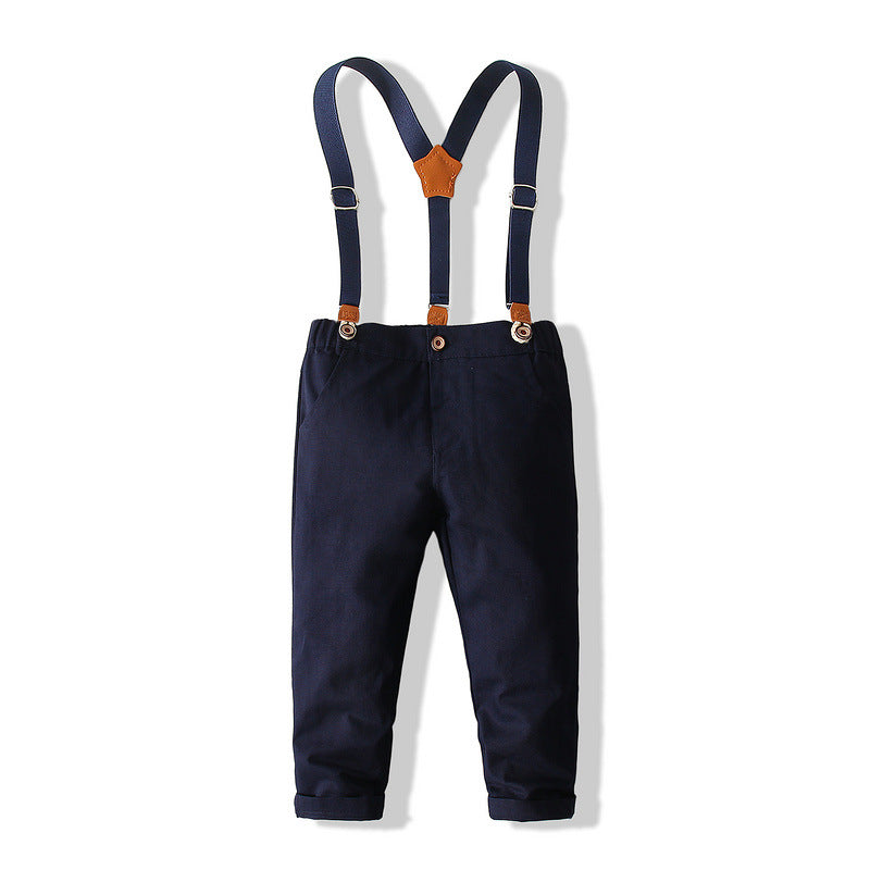 Boys Autumn British Style Suit Baby Gentleman Long-sleeved Cotton Shirt Overalls First Birthday Dress Children's Clothing