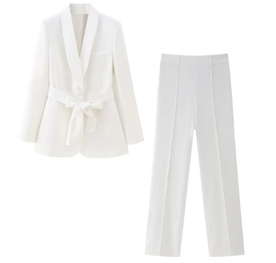 Belted Trousers Suit - Women's Clothing